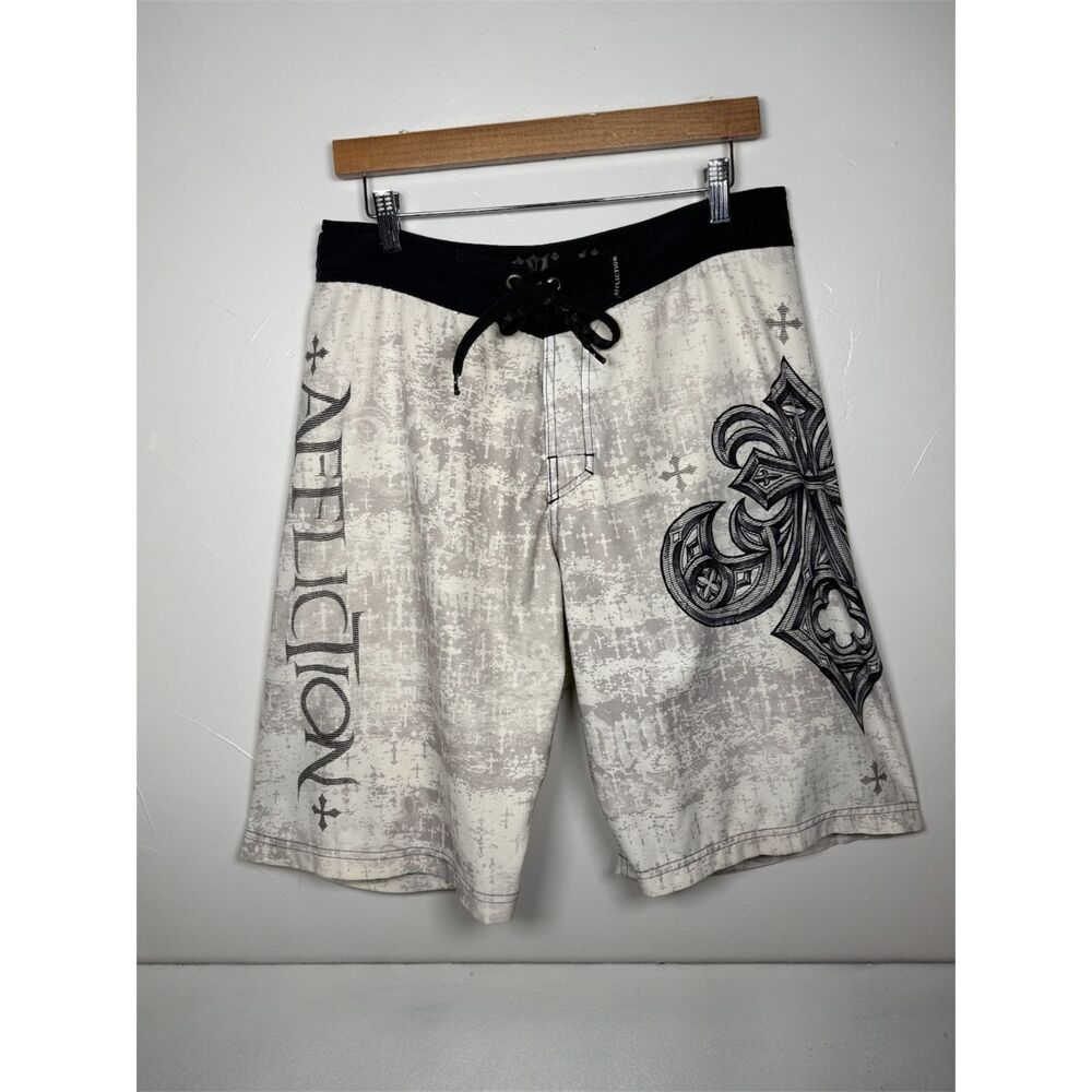 Affliction Board Shorts Men's Size 32 Cyber Y2K Crosses Gothic Y2K Grunge